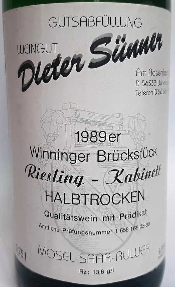 Riesling Kabinett 1989 Halbtrocken MOSEL - Weingut Dieter Sunner