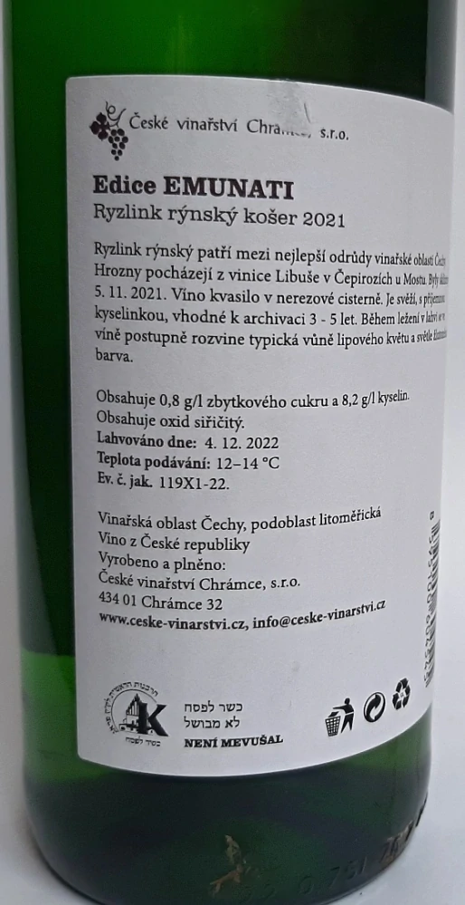 Ryzlink rýnský KOŠER jakostní víno odrůdové 2022 EMUNATI - České vinařství Chrámce