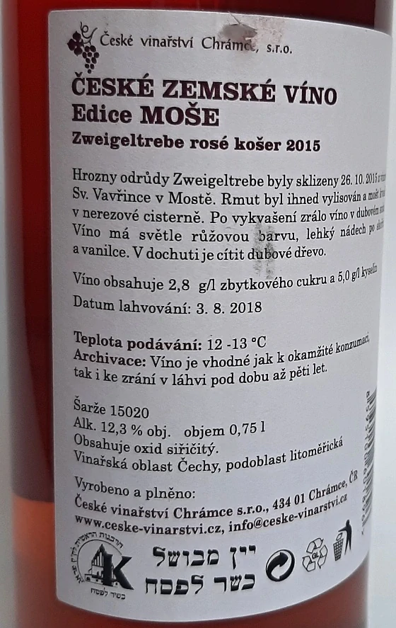 Zweigeltrebe ROSÉ KOŠER zemské víno 2015 MOŠE - České vinařství Chrámce