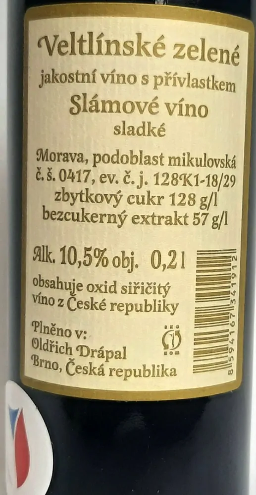 Veltlínské zelené 2017 Slámové víno - Oldřich Drápal